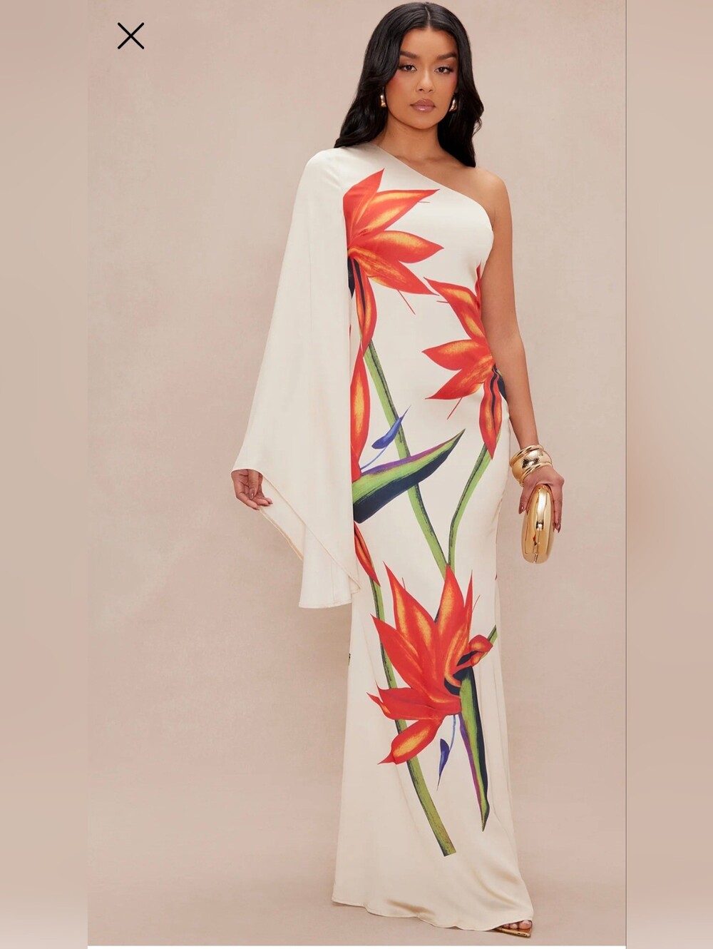 Elegant One-Shoulder White Maxi Dress with Red Floral Print